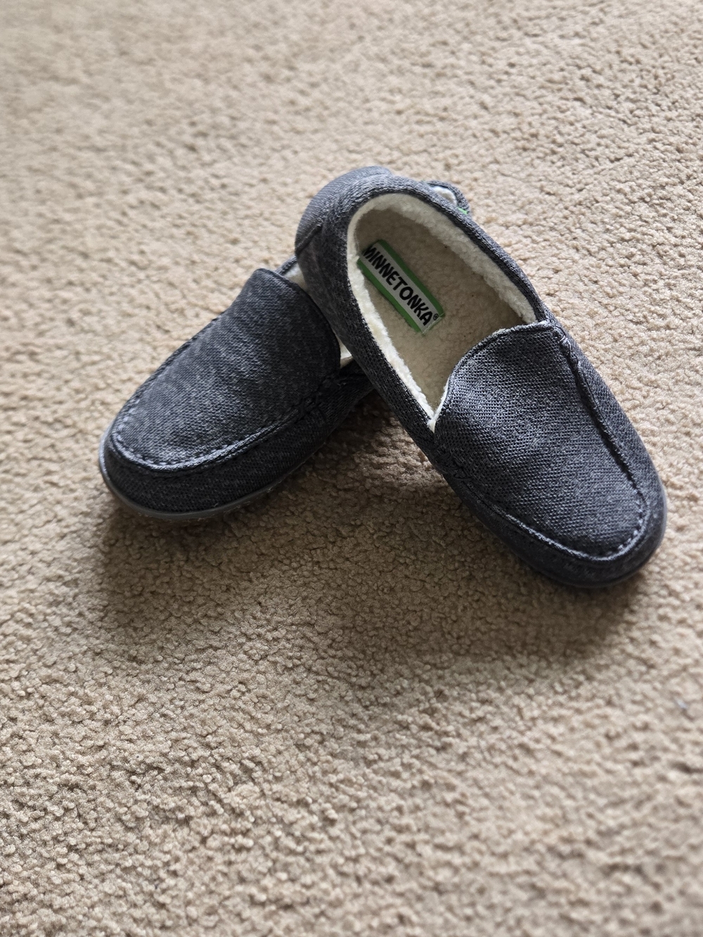 Minnetonka Grey Slip-On Moccasins with Sherpa Lining